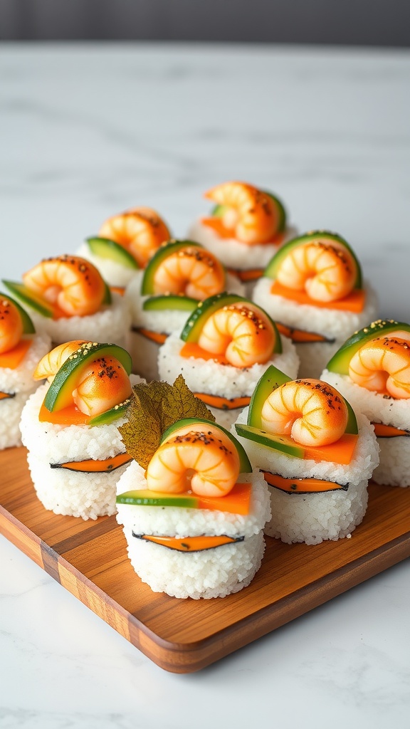An assortment of sushi cups filled with rice, vegetables, and protein on a rustic wooden platter.